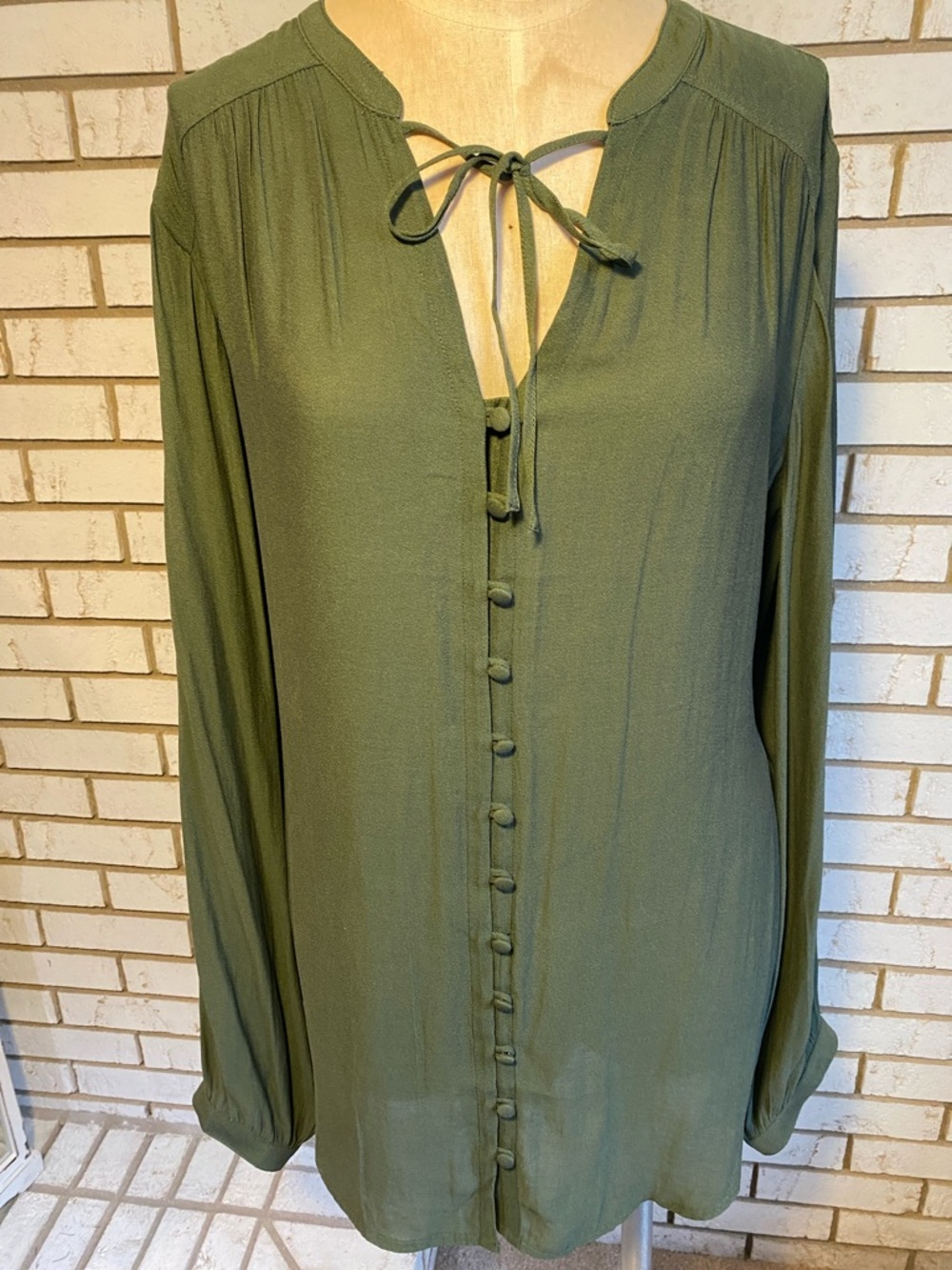 Women's Olive Green Tie-Neck Blouse